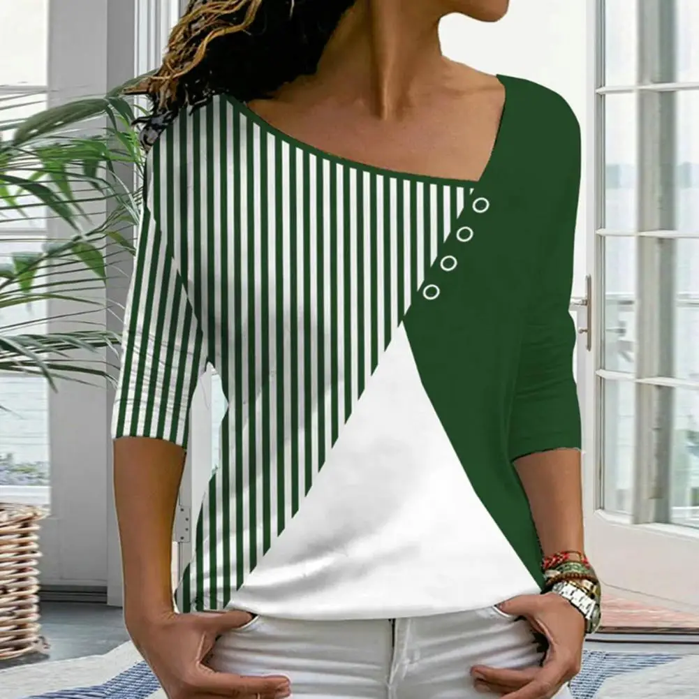 

Popular Stripe Splicing Color Casual Tee Shirt Autumn Blouse Skin-touch Soft