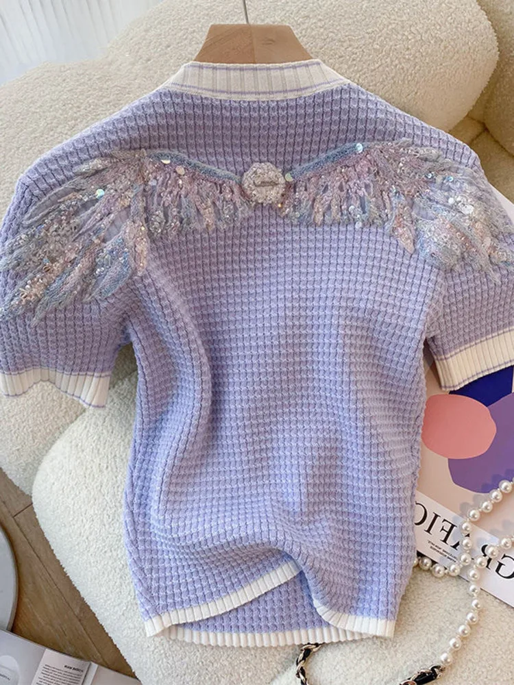

2022 Summer Women's Knitted Sweater Brand Design Heavy Industry Nail Drill Short Sweet Wings Blue Pink Sweater Knitwear
