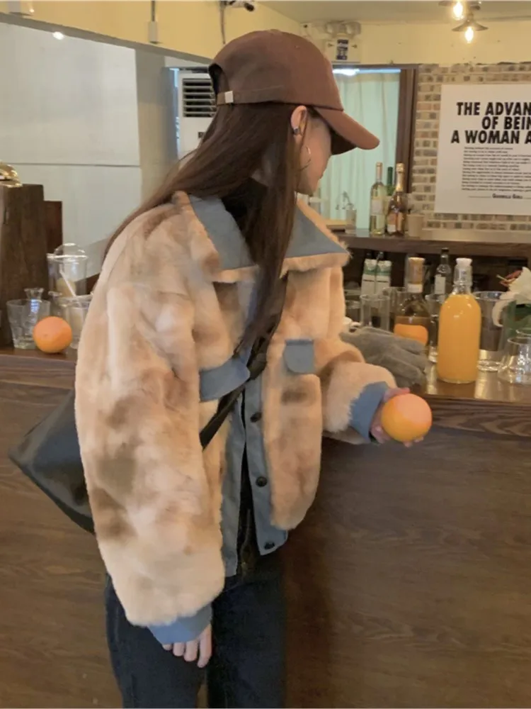 Women Faux Fur Plush Jacket Winter Hanbok Retro Contrast Color Lapel Faux Fur Cropped Coat