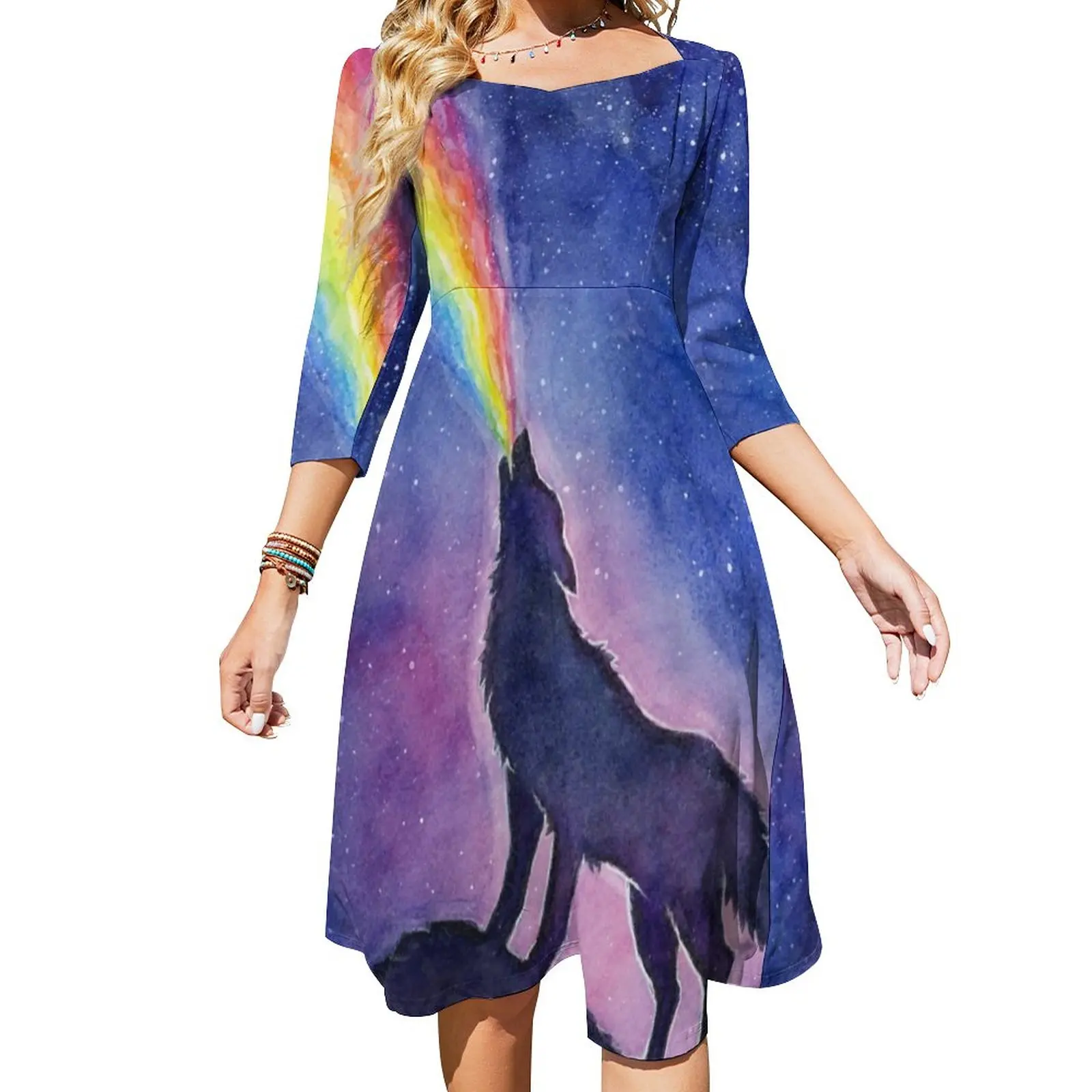 

Funny Wolf Casual Dress Female Rainbow in Space Street Fashion Dresses Cute Dress With Bow Summer Oversized Clothing