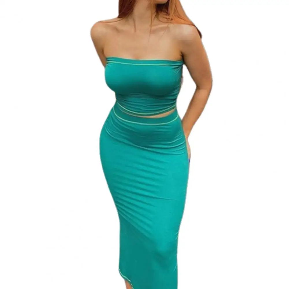 

2Pcs/Set Club Sheath Skirt Set Sexy Elastic Bodycon Tight Waist Off Shoulder Backless Prom Tank Top Skirt Suit Female Clothes