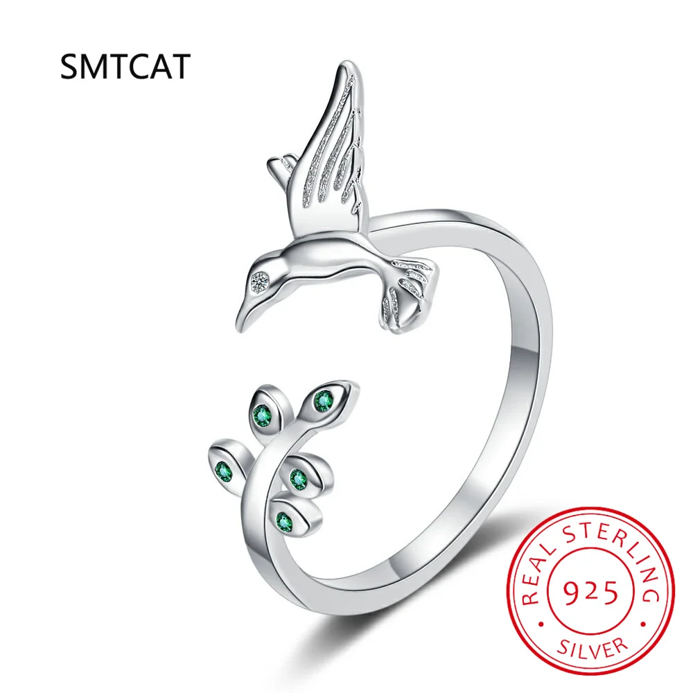 

SMTCAT Authentic 925 Sterling Silver Bird & Spring Tree Leaves Open Size Finger Rings for Women Sterling Silver Jewelry SCR323