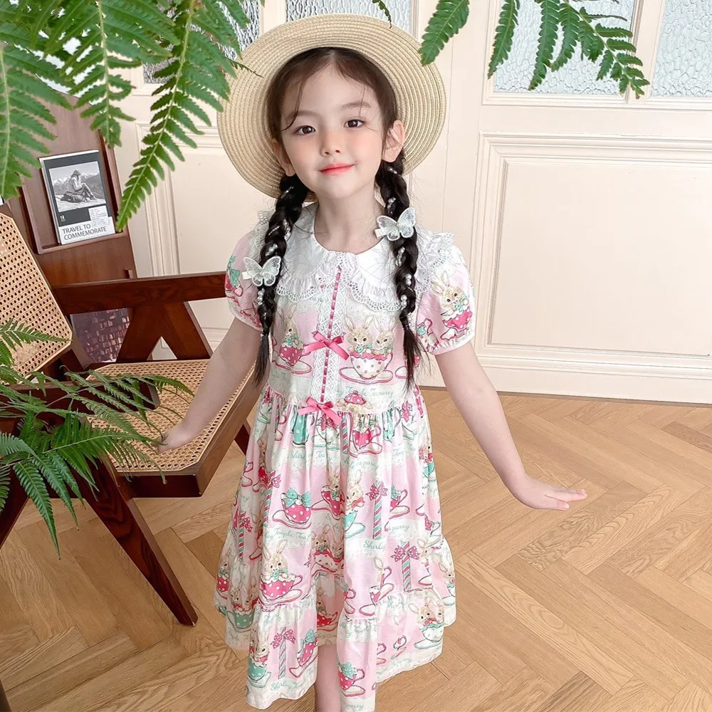 

In Stock Kids Summer Custom Style Dress Girls Cartoon Pink Teacup Rabbit Print Lace Doll Collar Princess Dress