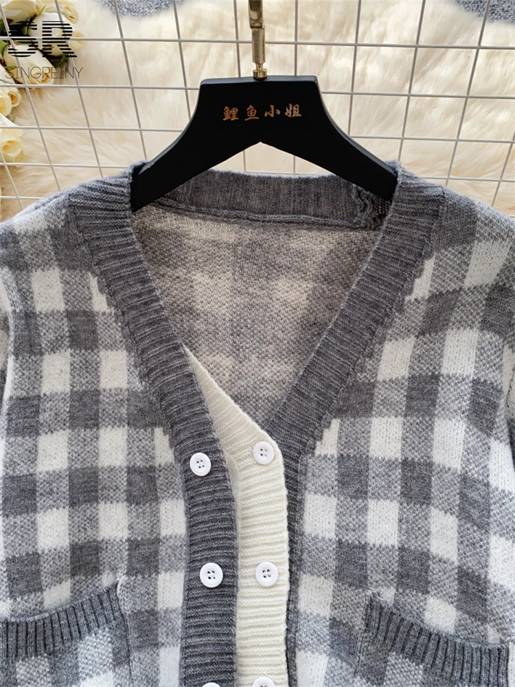 SINGREINY клетчатые комплекты в консервативном стиле женский однобортный кардиган с