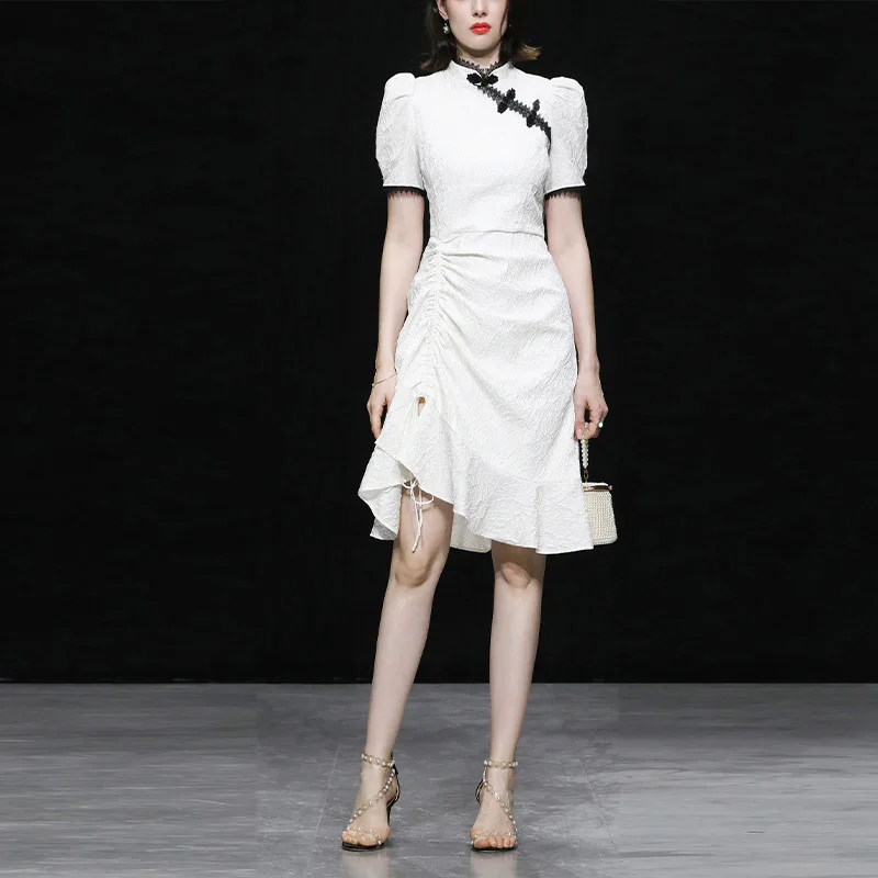 

Винтажное китайское платье-Ципао для женщин, Элегантное летнее асимметричное платье миди с оборками и коротким рукавом, 2022