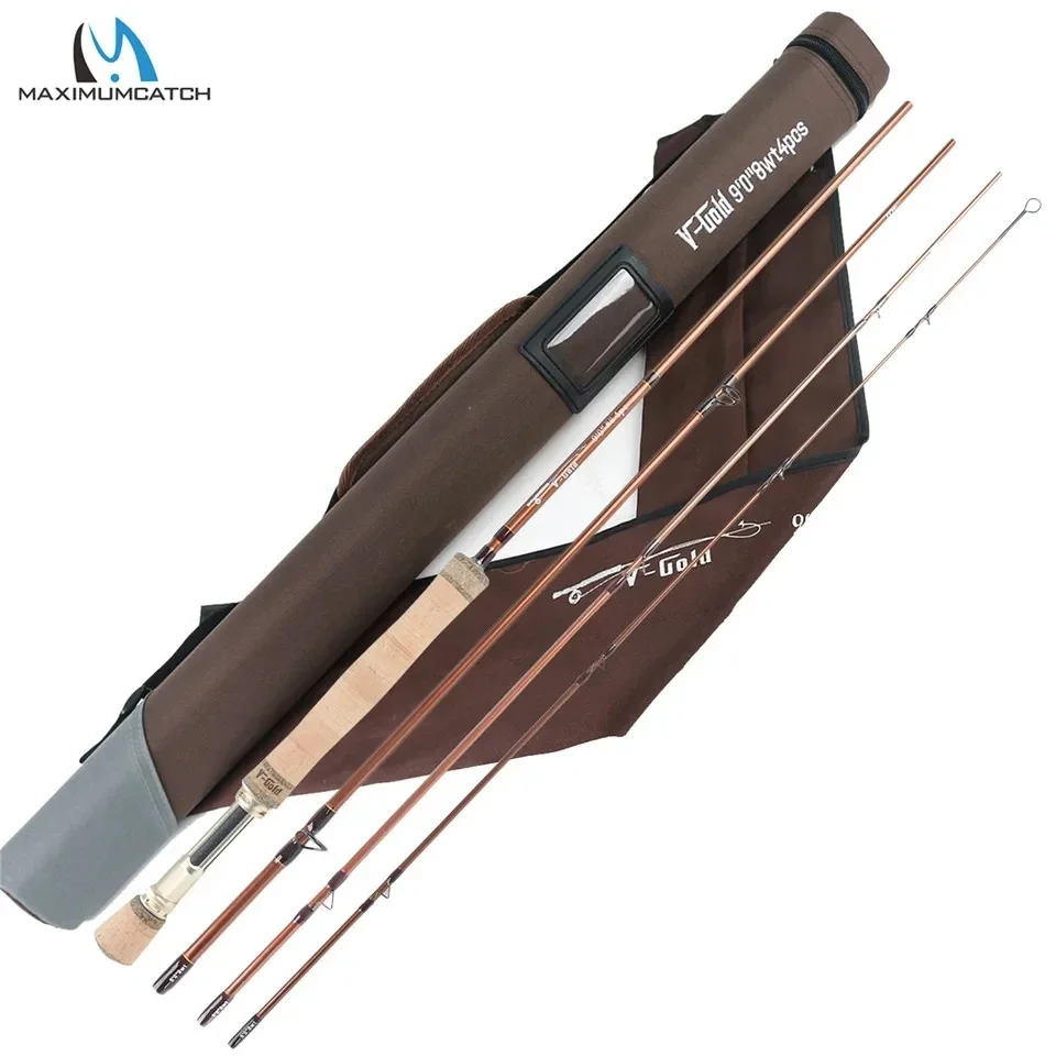 Фото MAXIMUMCATCH V-Gold Fly Rod 9 футов 4-8 Вт, 4 предмета, быстрое действие, направляющие Pacbay и треугольный защитный чехол, удочка нахлыстом №5