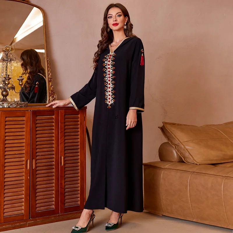 Navy Blue Arabian Fashion Hand Beaded Pleated Elegant Long Dress 2022 New Fashion Ramadan Dresses Muslim Dubai Abaya Middle East