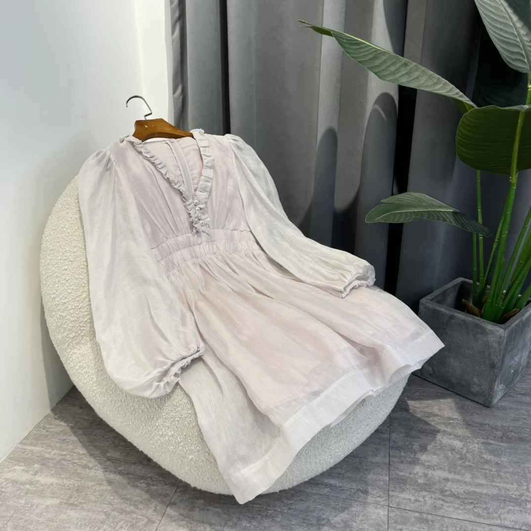 

Женское винтажное платье мини, однотонное розовое плиссированное платье с завышенной талией и глубоким v-образным вырезом, лето 2022