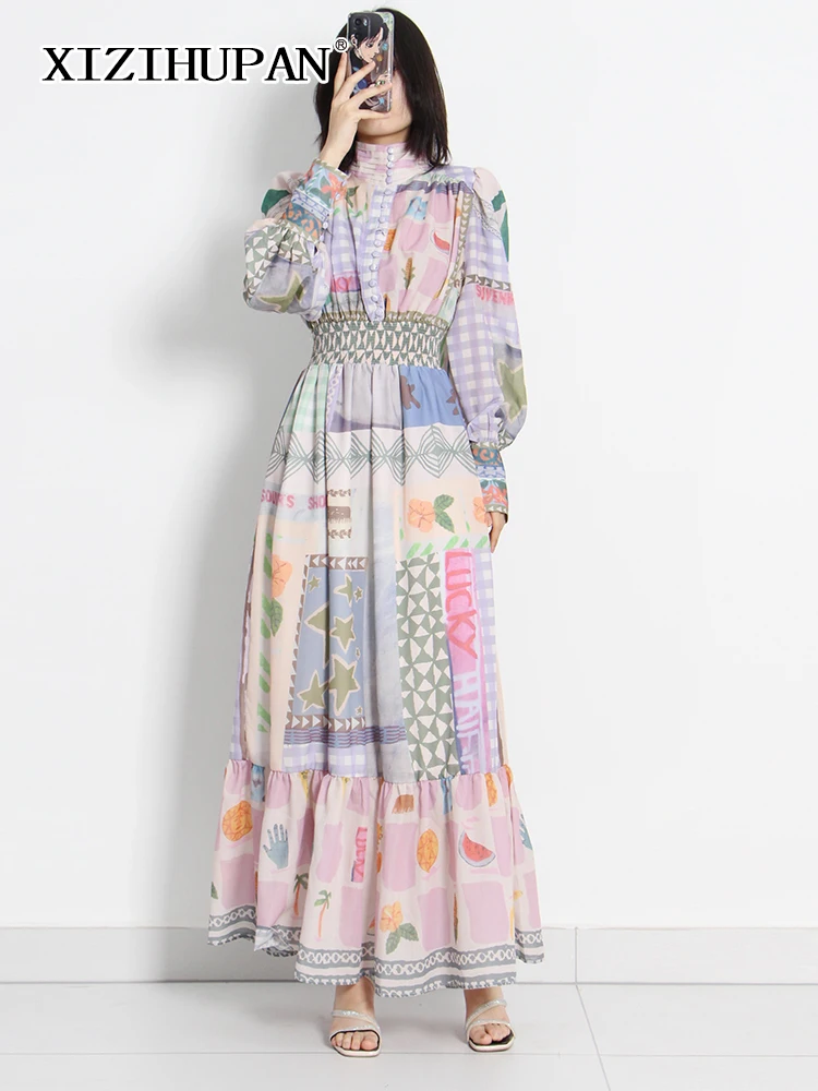 

XIZIHUPAN Print Colorblock Dress For Women Stand Collar Lantern Sleeve Fold Pleated High Waist Midi Dresses Female 2022 Spring