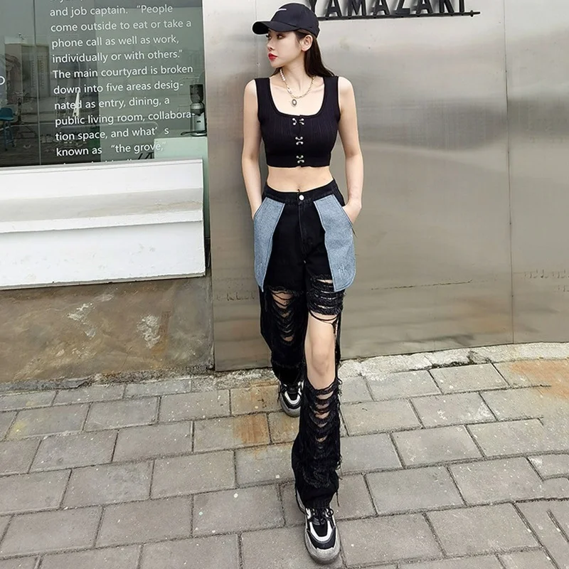 Trousers Fashion Spring and Autumn High-waist Stretch Raw Edge Frayed Hole Pockets Outturned Casual Wide-leg Jeans Loose Women's