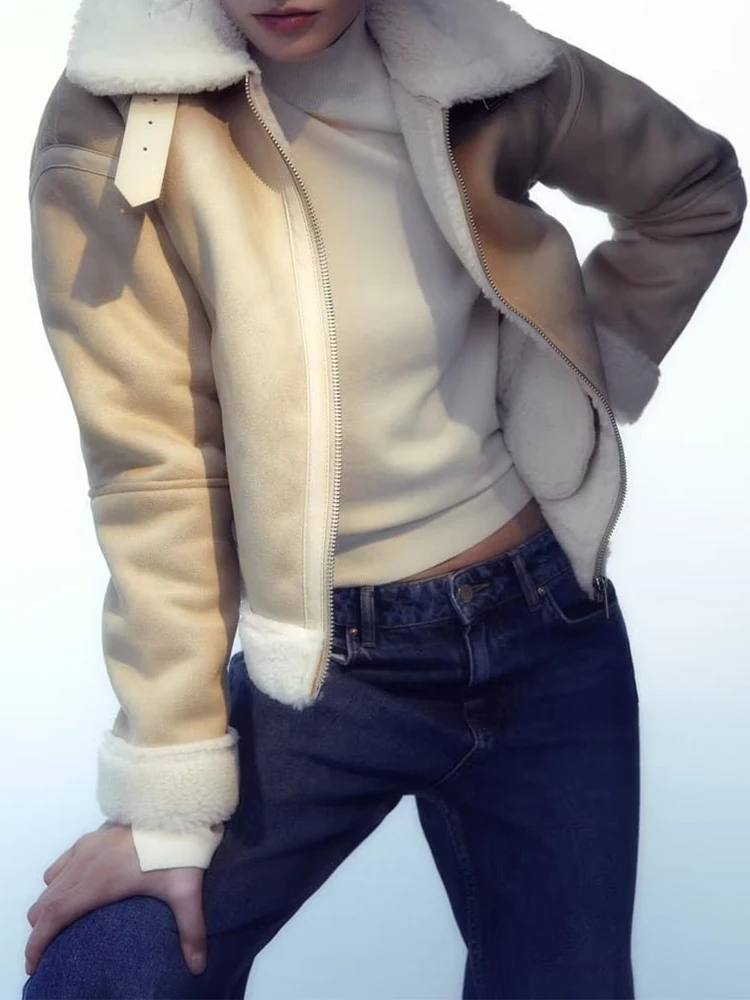 

Women 2022 Thick Warm Faux Leather Crop Jacket Coat Vintage Long Sleeve Front Zipper Female Overcoat