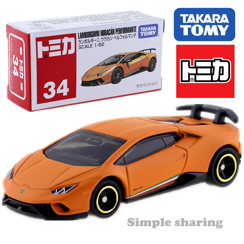 Takara Tomy Tomica No.34 Lamborghini Huracan Performante Sports Car Toy Scale 1:62 Diecast Roadster Mould Funny Kids Doll