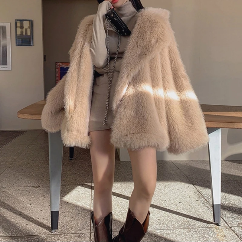 HOUZHOU Faux Fur Coat Winter 2022 Luxury Elegant Fashion Suit Collar Thick Warm Faux Fox Fur Cardigan Medium Length Fluffy Coat