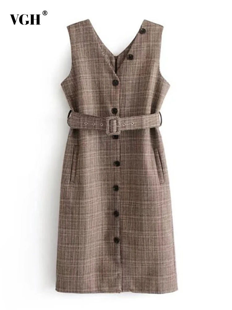 

Женское клетчатое платье с V-образным вырезом, без рукавов