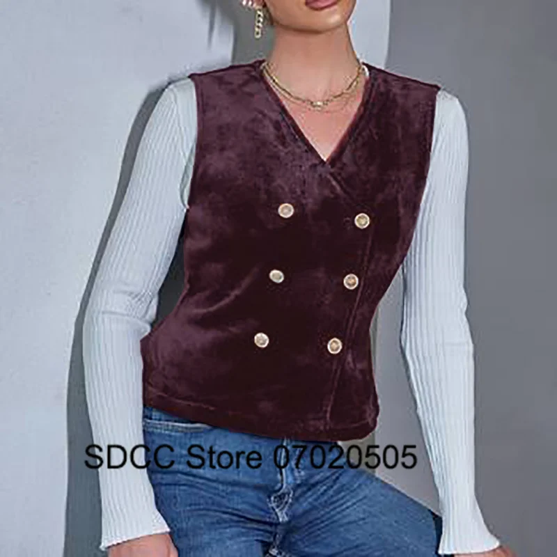 

New Women's Velvet Vest Slim Fit V-Neck Double Breasted Sleeveless Jacket Office Dinner Ladies Waistcoat Black Gilet