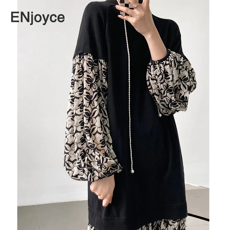 

Vintage Black Stitched Lace Print Chiffon Patchwork Dress Women Korean Gentle Casual Loose Long Dresses Spring Summer