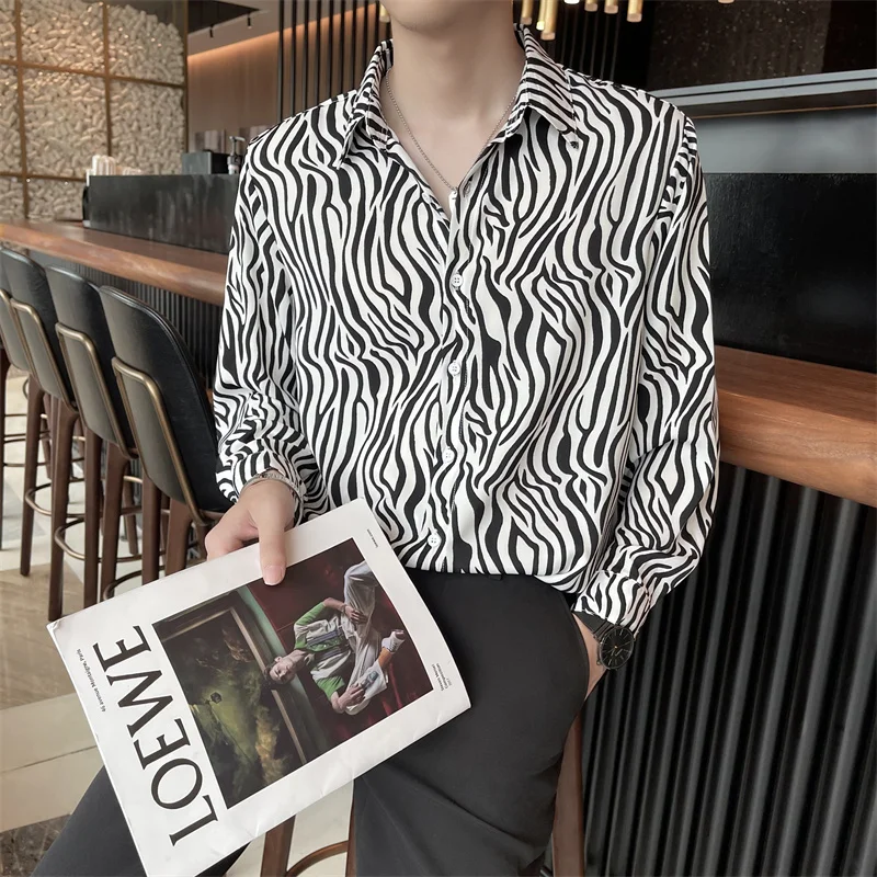 Zebra Printed Shirts for Men 2022 Summer Long Sleeve Loose Casual Shirt Streetwear Social Party Tuxedo Blouse Oversized Shirts