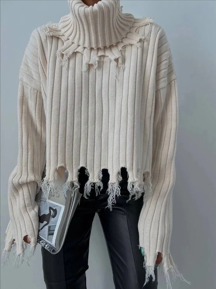 

Loose hem tattered autumn/Winter sweater Cross-border 2022 new Europe and the United States casual high neck solid color long sl