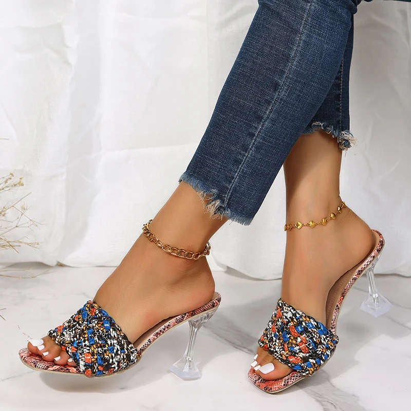 

Sandals and Slippers Women's 2022 Summer New Ethnic Feng Shui Drill Rivets Stiletto High Heels One-line Open Toe Outer Wear