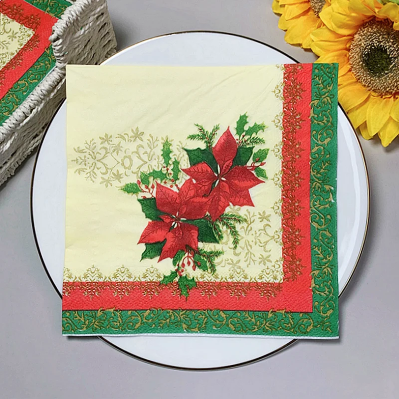 

2022 New 20Pcs/Bag Christmas Flower Paper Napkins Merry Christmas Letters Decoupage Serviettes for Xmas Party Tableware Decor 25