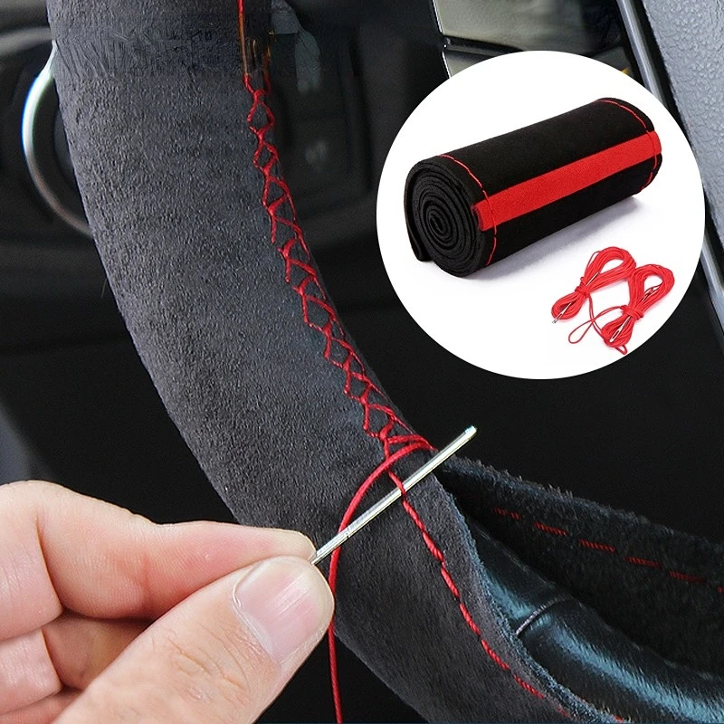 Suede Leather Car Steering Wheel Cover Braid 38cm DIY With Needle Thread