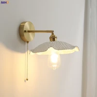 iwhd white ceramic led wall lamps pull chain switch bedroom living room home indoor lighting nordic modern copper wall light