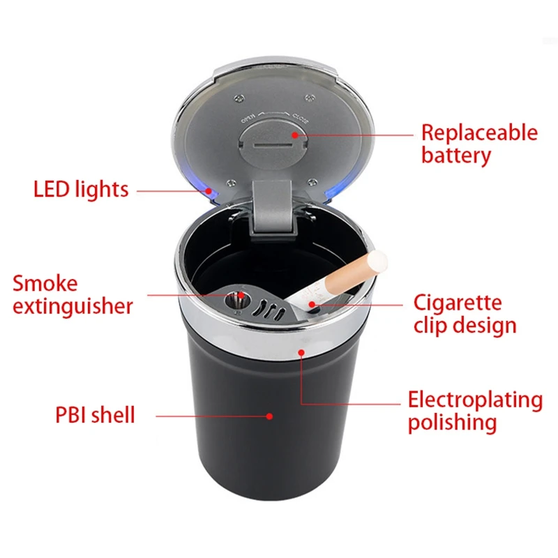

2X LED Blue Light Windproof Enclosed Home Ashtrays, Car Cup Holder Ashtray, Automatically Extinguished With Lid Designed