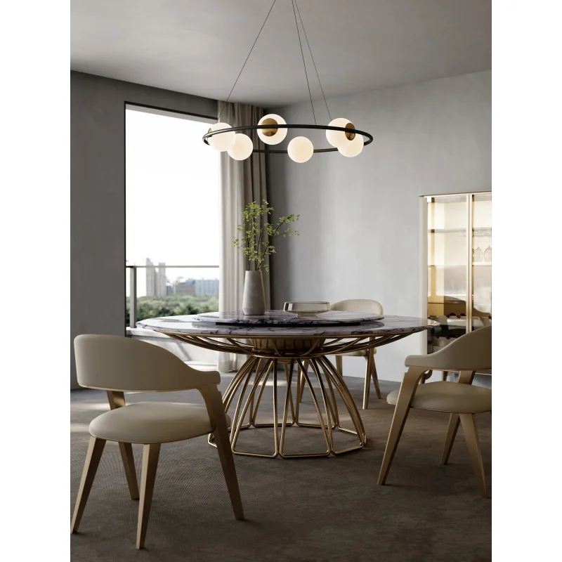 

Electric dining table with induction cooker high-end light luxury natural marble dining table large round table