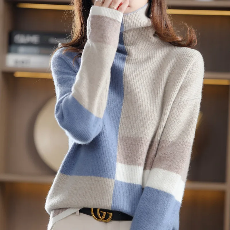 

Autumn Winter Cashmere Sweater Women Wool Turtleneck Pullover Block Patchwork Long Sleeve Soft Knitwear Tops Basic Jumpe I875