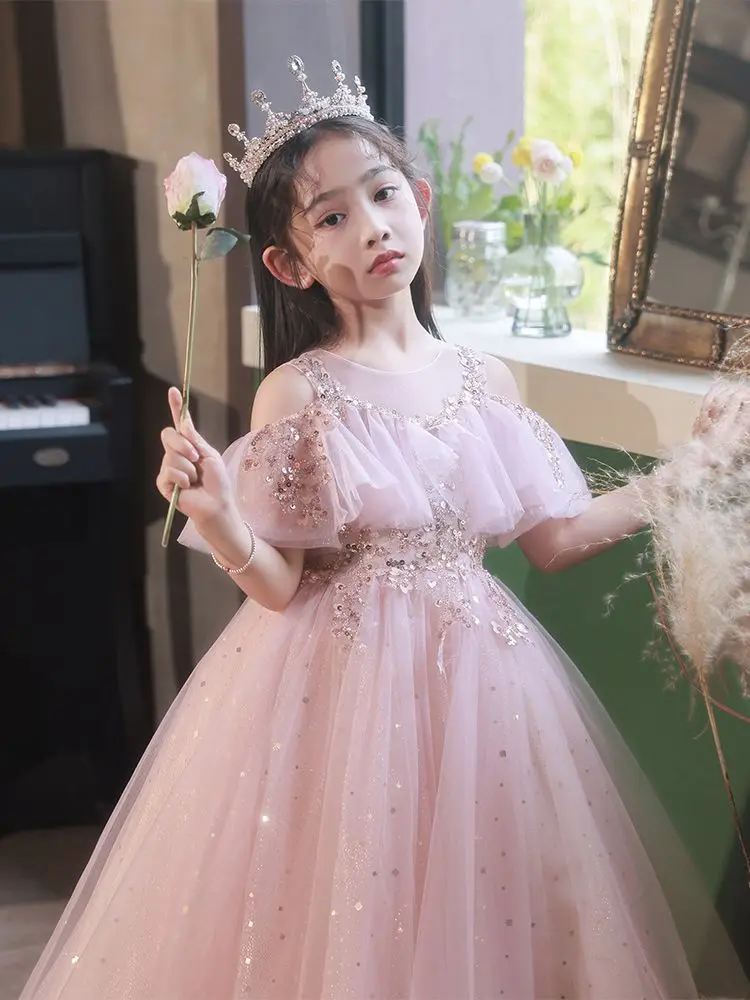 

Летние длинные блестящие платья принцессы для девочек, бальное платье, детский наряд на день рождения, свадебные костюмы для детей с коротким рукавом