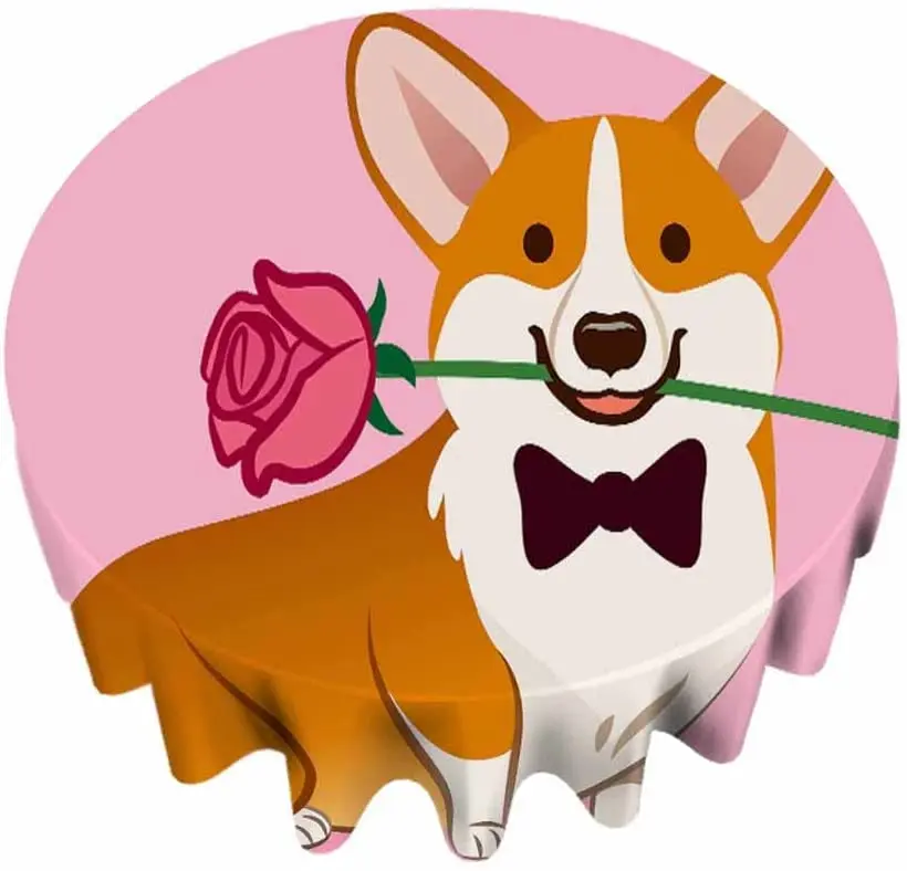 

Funny Humorous Love Table Cloth Round Tablecloth Corgi Dog with Rose Flower in Mouth Table Cover for Restaurant Dining Floral