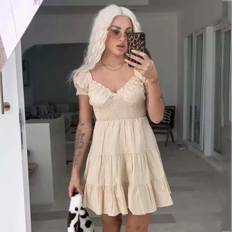 

Эластичное бежевое хлопковое летнее платье Foridol с V-образным вырезом, милое однотонное платье-трапеция с коротким рукавом, платье, новинка ...