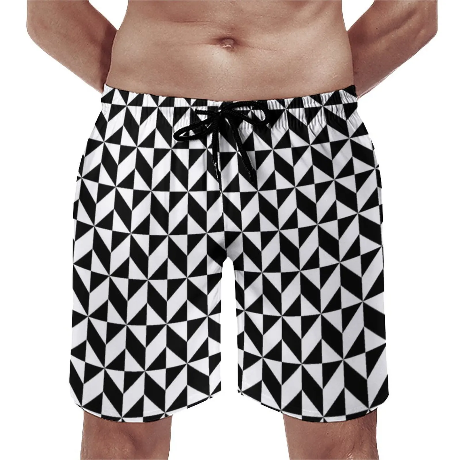 

Шорты пляжные мужские быстросохнущие, повседневные короткие штаны с абстрактным геометрическим рисунком, Летние плавки для серфинга, черно-белые