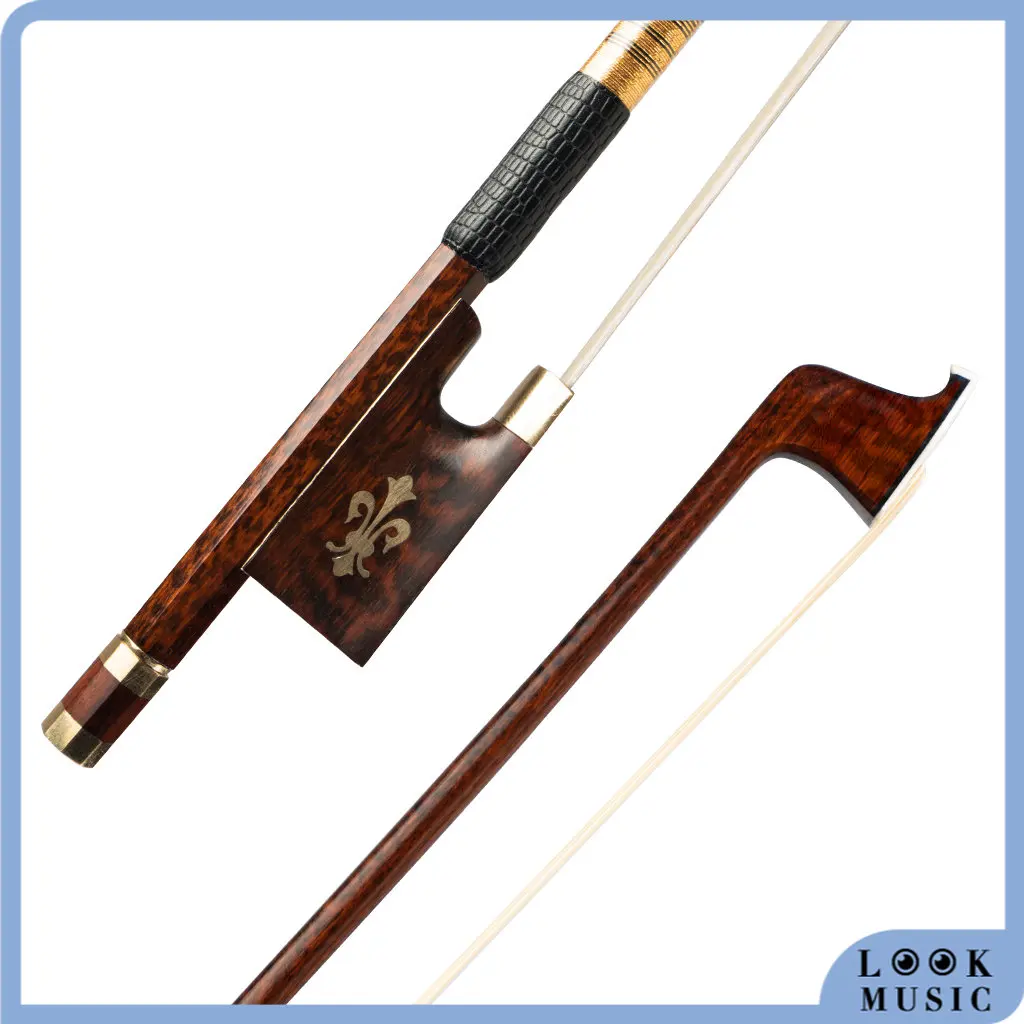 LOOK Professional Violin Bow 4/4 Size Snakewood Bow Fiddle Round Stick Exqusite Pattern Natural Mongolia Horsehair Bow