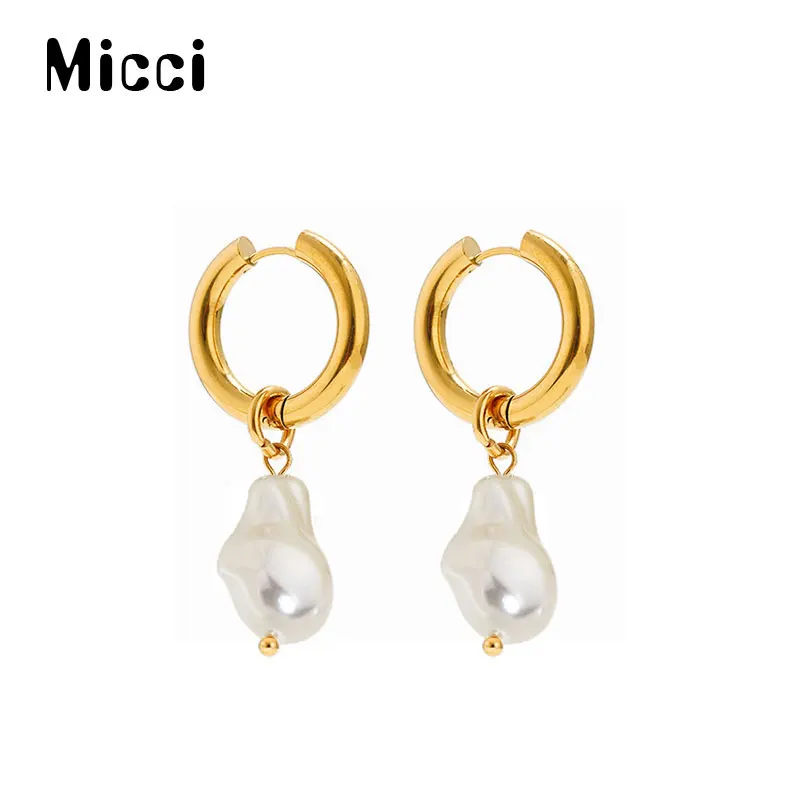

Micci Stainless Steel Natural Pearl Hoop Earrings High Quality Fashion Metal Gold Geometric Earrings Accessories Free Shipping