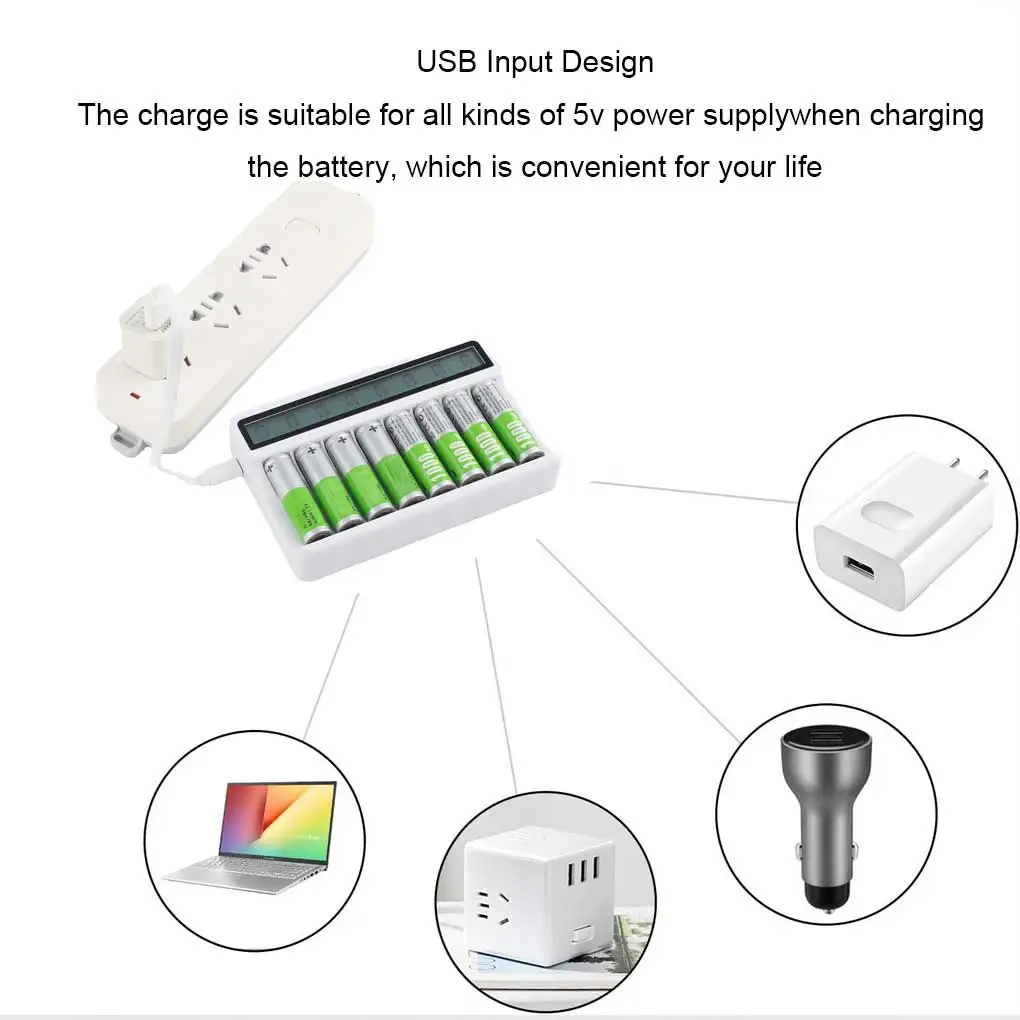 

AA AAA Battery Charger LCD Screen 8 Slot Batteries Charging Adapter