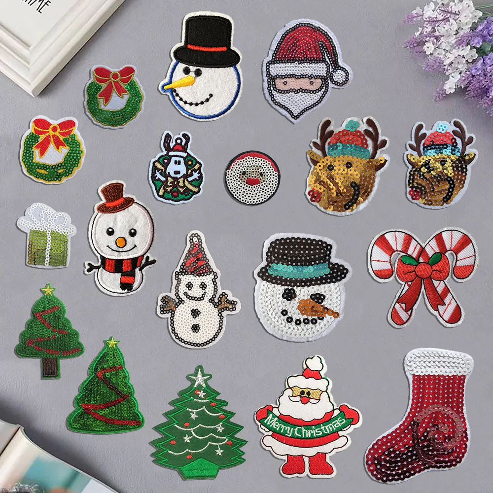 

Wholesale sales 100 pieces Christmas style sequin hot melt adhesive ironing embroidered patch sewable decorative clothing patch