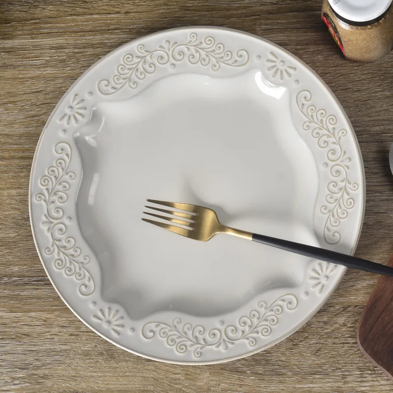 

10.6 Inch Beige Embossed Ceramic Dinner Plate Tableware Household Steak Plate Vegetable Plate Salad Plate Pasta Plate