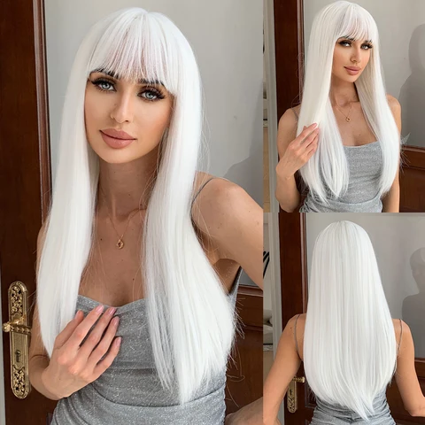 Perucas sintéticas brancas e retas e longas para mulheres afro com franja diariamente cabelos de cosplay naturais perucas de fibra resistente ao calor