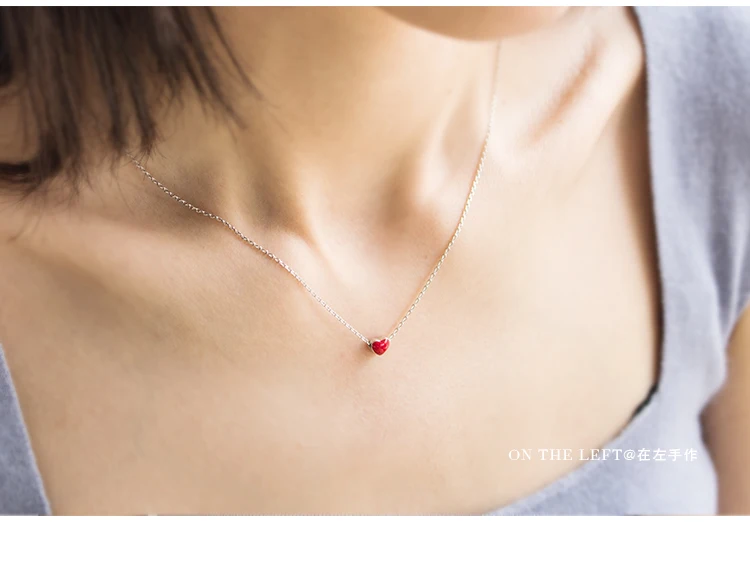 925 Sterling Little Red Heart Necklace Women Love Peach Girly Choker Summer Heart-Shaped Simple Pendant