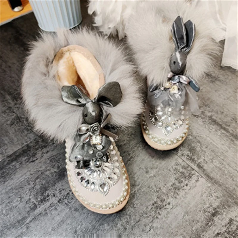 

Fur integrated fox fur rhinestone snow boots handmade custom cute rabbit skin short tube warm plus velvet cotton shoes 35-40