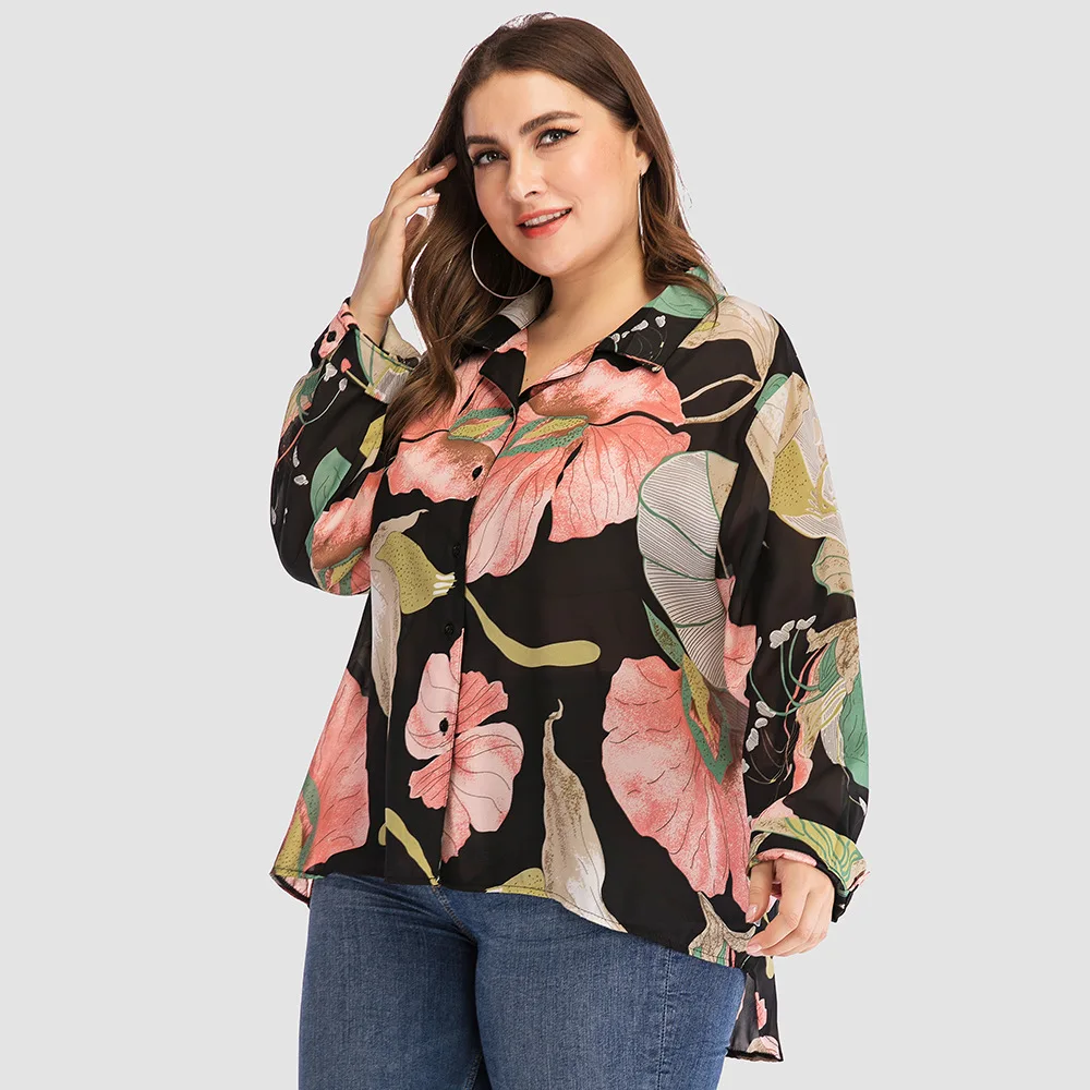 Plus Size Ladies Blouses Fall Fashion Casual Elegant Luxurious Holiday Style Lapel Printed Top Women's Clothing L-4XL Oversize