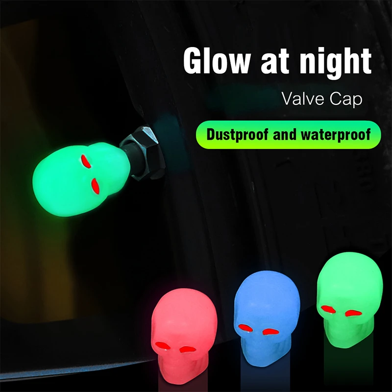 

4pcs Skull Skeleton Tire Valves Caps Luminous Stem Caps Universal Rhinestones Stem Cover Illuminated Caps Car Accessories