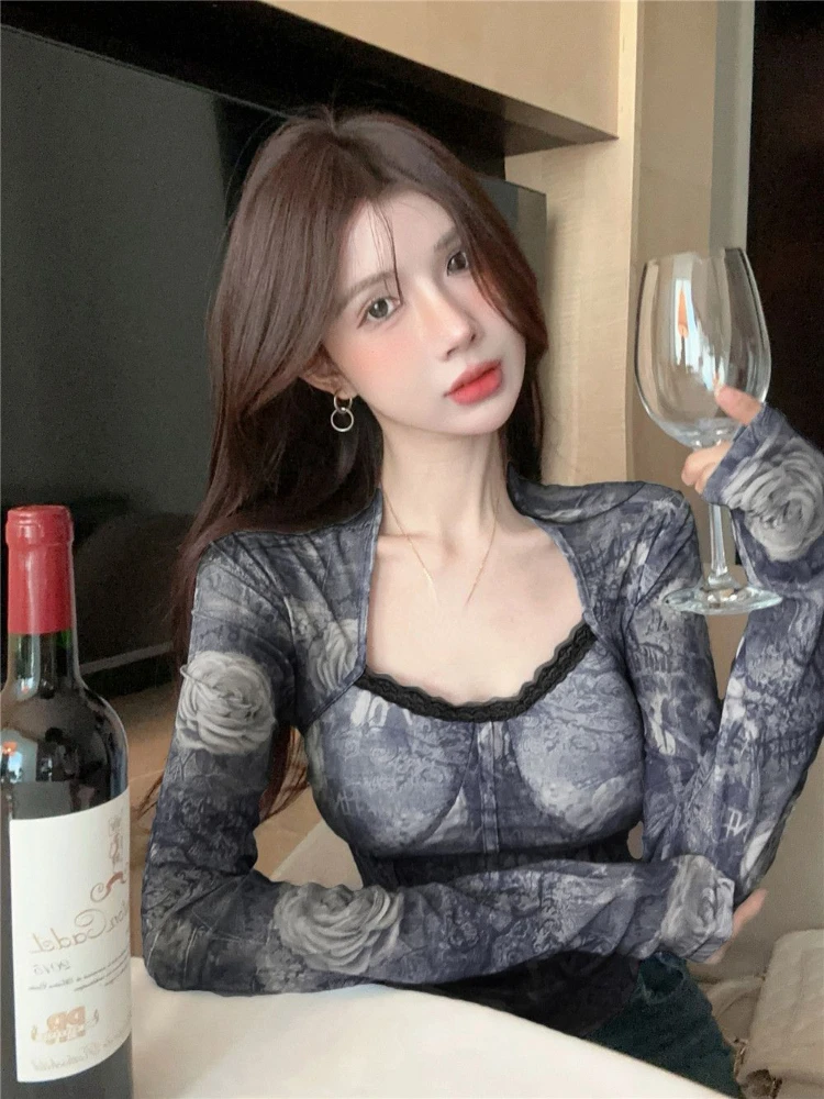 Женский топ с принтом в стиле Харадзюку Кружевной укороченный сексуальная