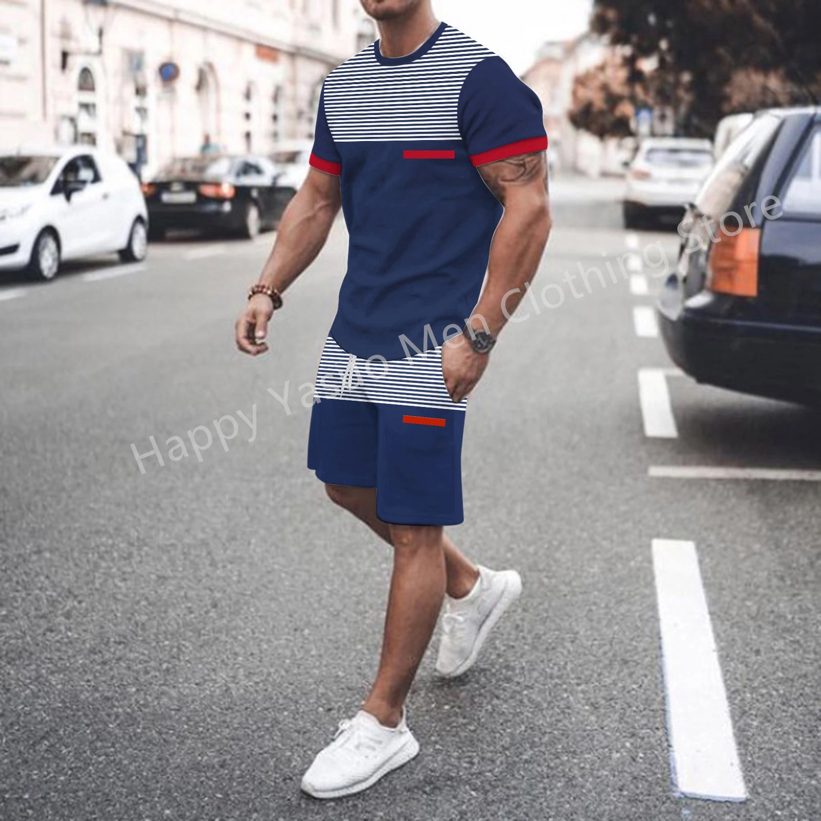 2023 Summer Men's Casual Sportswear 3D Patterned Men's Sportswear 2-piece Short Sleeve Street Fashion T-shirt Set Oversized