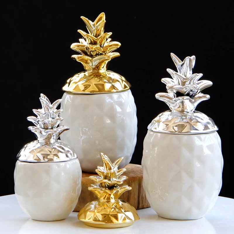 

JIEME Ceramic Crafts Gifts Open Lid Pineapple Ornaments Nordic Simple Moisture-proof Box Storage Tank Home Decoration