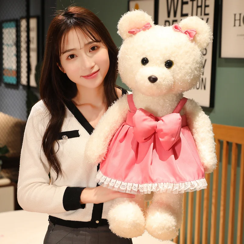 

1pc 35/45/60cm Kawaii Plush Curly Hair Teddy Bear Toys Cute Bear with Bow Suspender Dress Pillow Stuffed Soft Dolls Girls Gifts