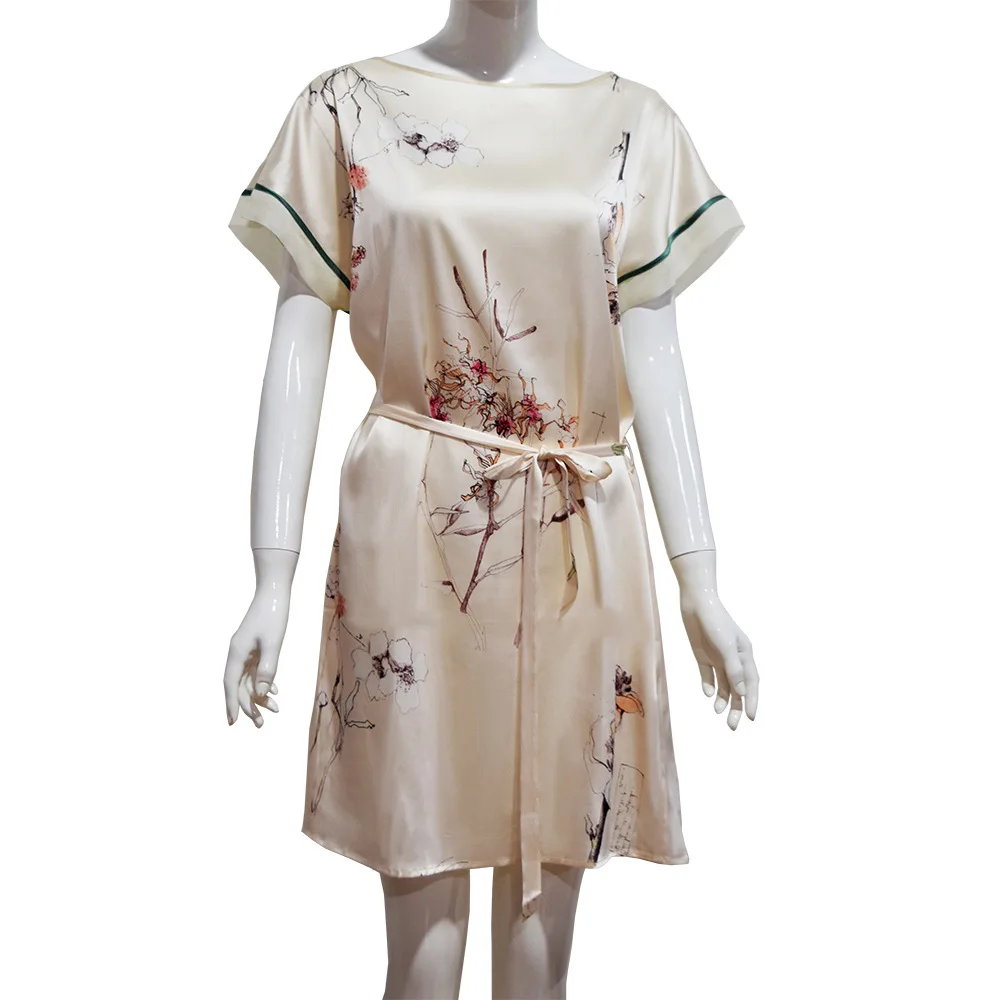 Heavy Silk Short Sleeved Nightdress Summer Mulberry Silk Pajamas Women's Loose Printed Dress Silk Home Clothes Women Nightgown