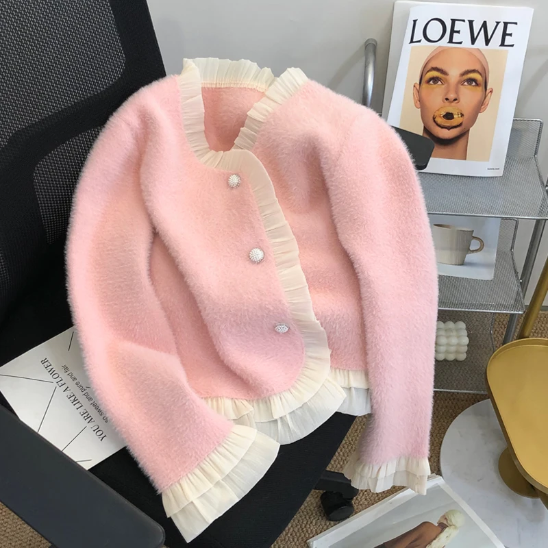 Новое поступление весны и осени 202 короткий вязаный кардиган с оборками женский