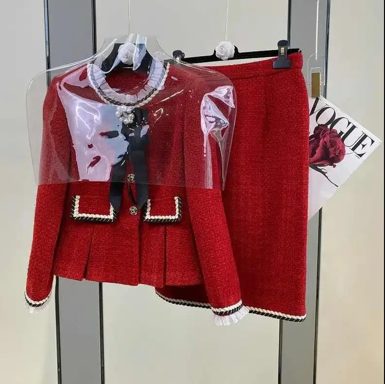 

Women Elegant Vintage Tweed Fragrant Red Suit Jacket Coat Top And Skirt Two Piece Set Outfit Winter Jacquard New Year Party